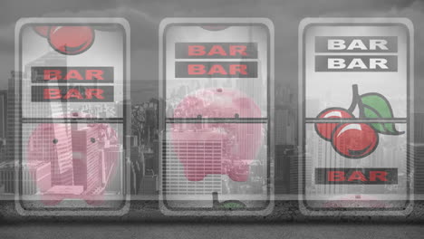 animación de la máquina de frutas del casino sobre el paisaje urbano