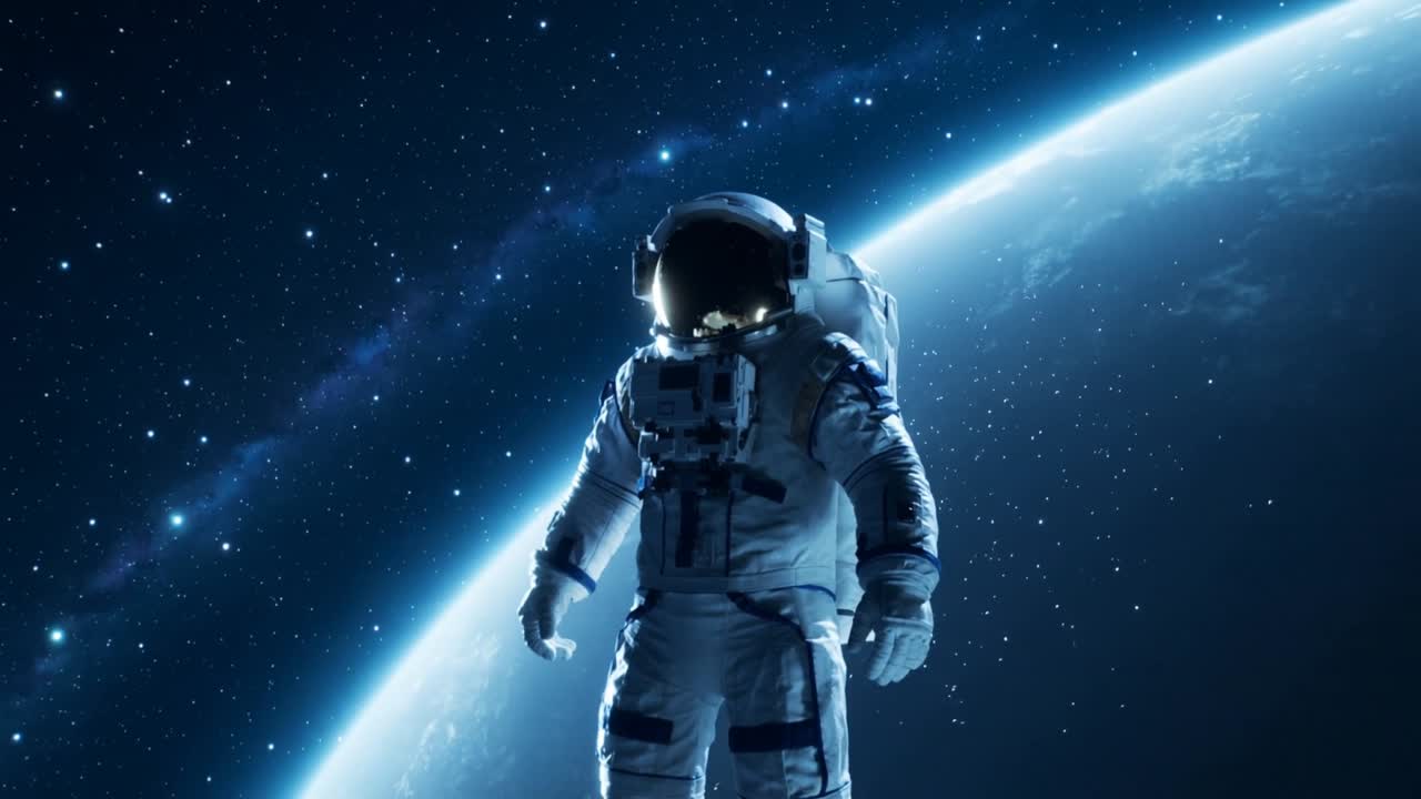 Astronauta flotando con traje EVA a la deriva y ajustando la postura en órbita terrestre baja, con el visor.
