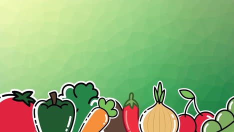 animación de varios iconos de verduras sobre un fondo verde