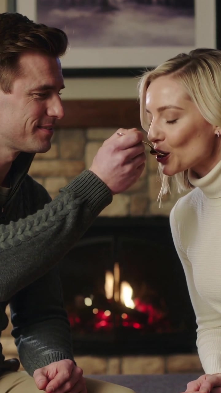 Vertical video: Offering man in sweater feeding woman chocolate spoon by fireplace sharing love