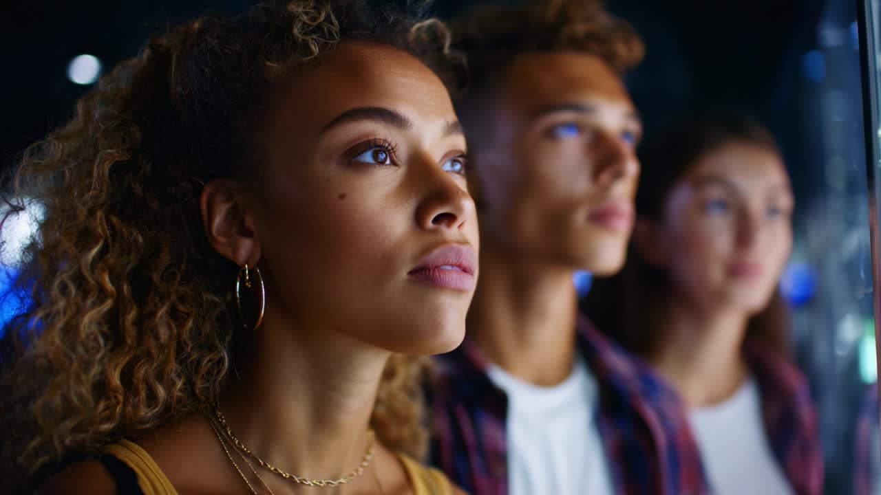 A Captivating Moment of Awe: Three Young Individuals Gazing Intently at a Display, Their Expressions Reflecting Curiosity and Wonder in a Contemporary Setting, Highlighting Their Engagement with Innovation and Technology