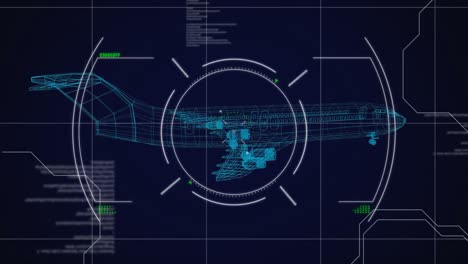 Animation-of-scope-scanning-and-blue-glowing-3d-plane-drawing-with-data-processing