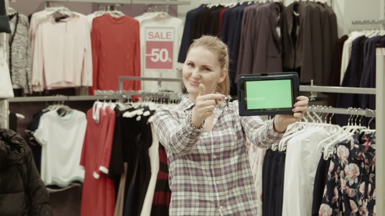 The Seller Shows The Tablet With The Green Screen