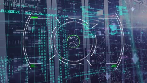 interfaz futurista y programación informática con sala de servidores en el fondo