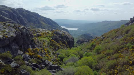 aerial dolly, sierra de cardenas to sanabria lake, cloudy day zamora spain