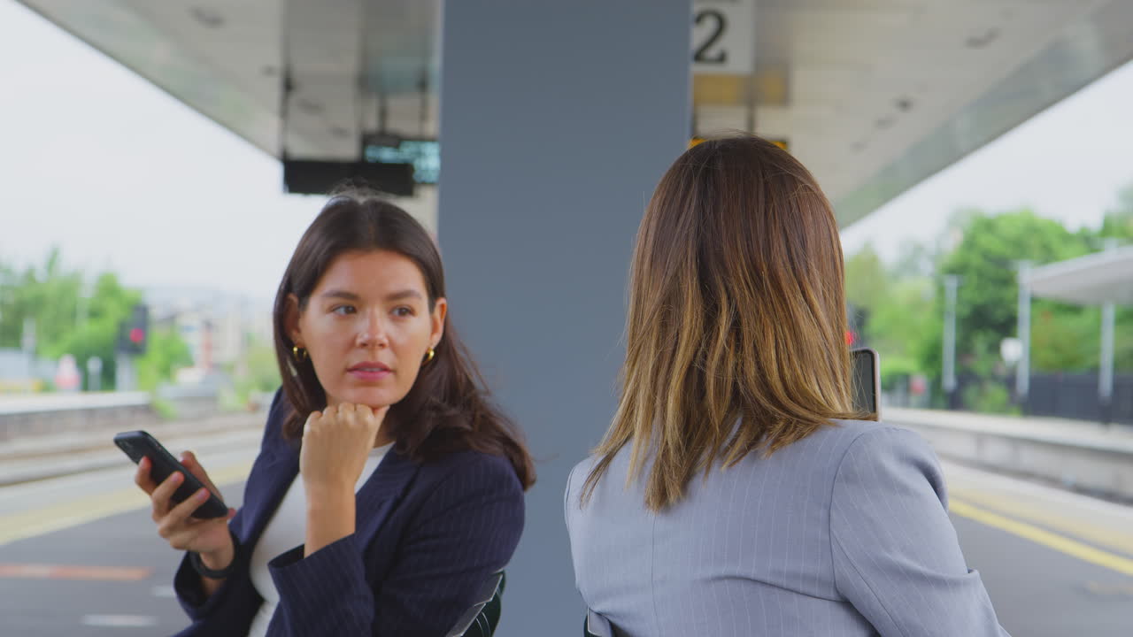 mujeres de negocios que viajan al trabajo esperan el tren en la plataforma de la estación mirando juntos el teléfono móvil