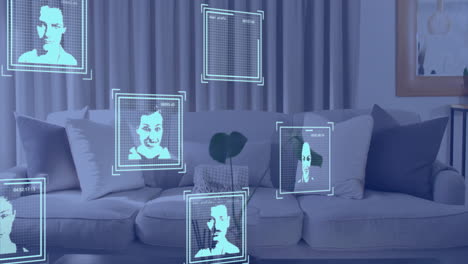 animación de reconocimiento facial sobre sala de estar con sofá y cortinas