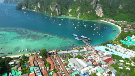 aerial panorama of harbour at popular tourist resort, koh phi phi island, thailand