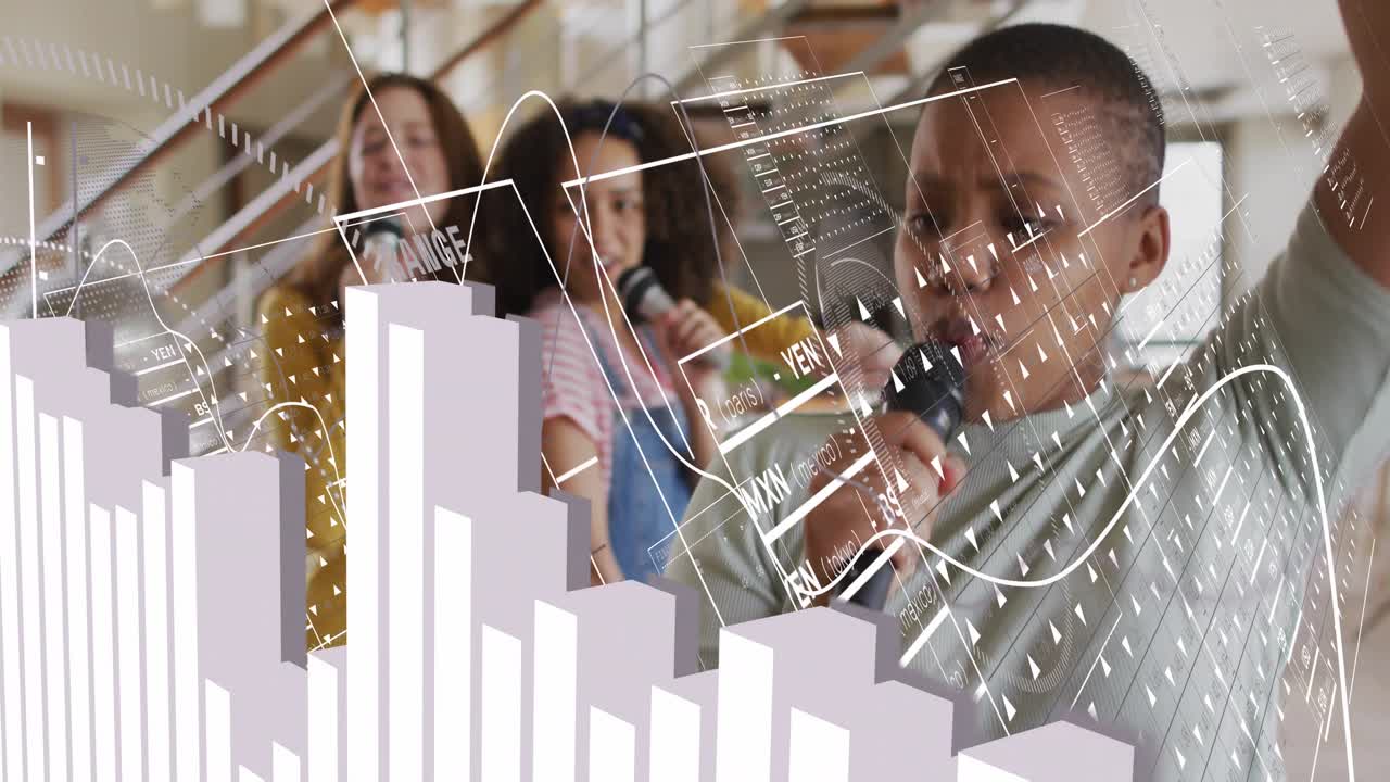 Foreground singer starting song at home, HUD bars scrolling over mics as friends singing for fun