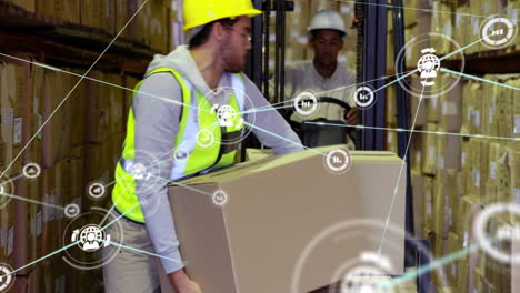 movimiento de cajas en el almacén, trabajadores con conexiones de red y animación de procesamiento de datos