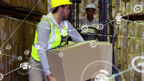 moving boxes in warehouse, workers with network connections and data processing animation