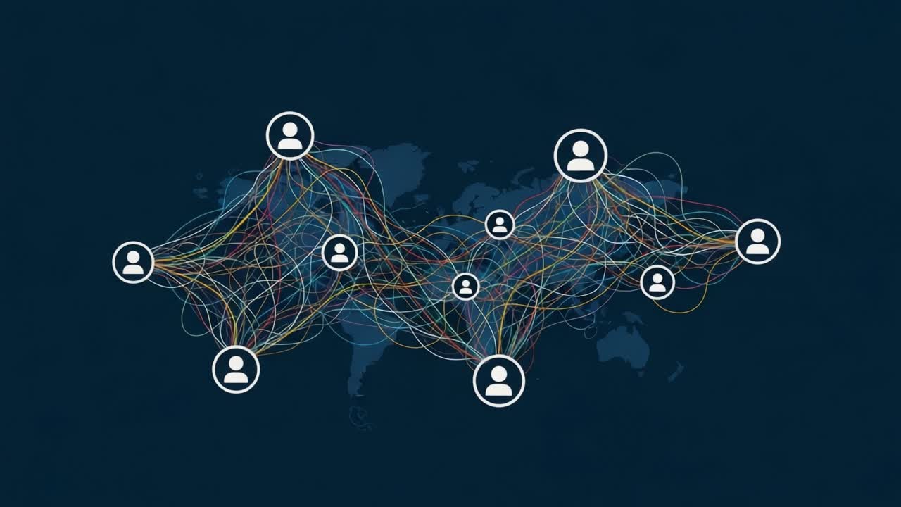 A Visual Representation of Global Connectivity: Exploring Networks and Interactions among Individuals through Colorful Lines on a World Map Background