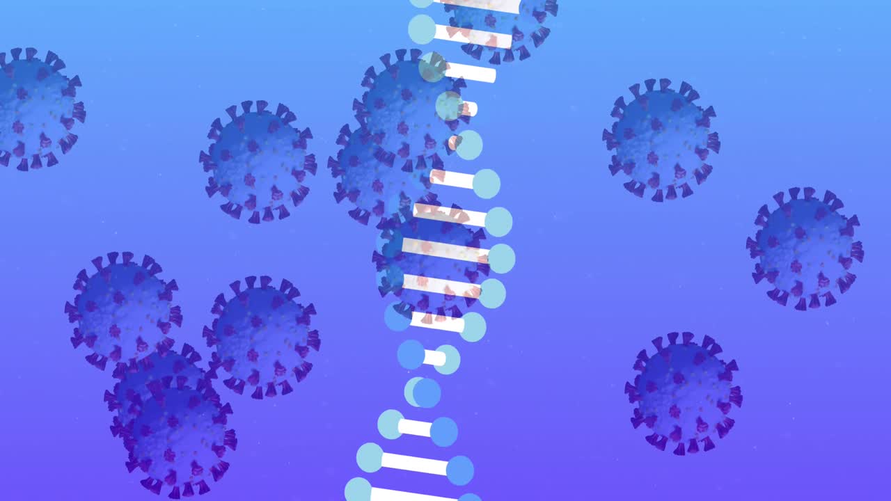 adn y células de coronavirus volando sobre el fondo azul.
