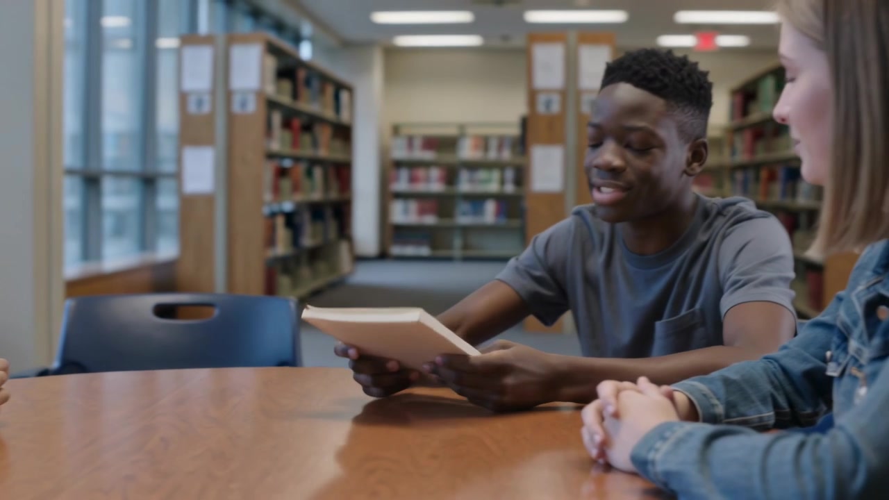 Placing book, South Asian teen pushing to center, boy taking, flipping, reading to group in library