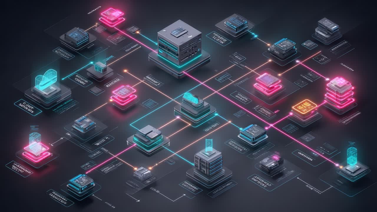 A Dynamic Visualization of a Network Infrastructure Showcasing Data Centers, Security Protocols, and Server Connections in a Modern Digital Environment