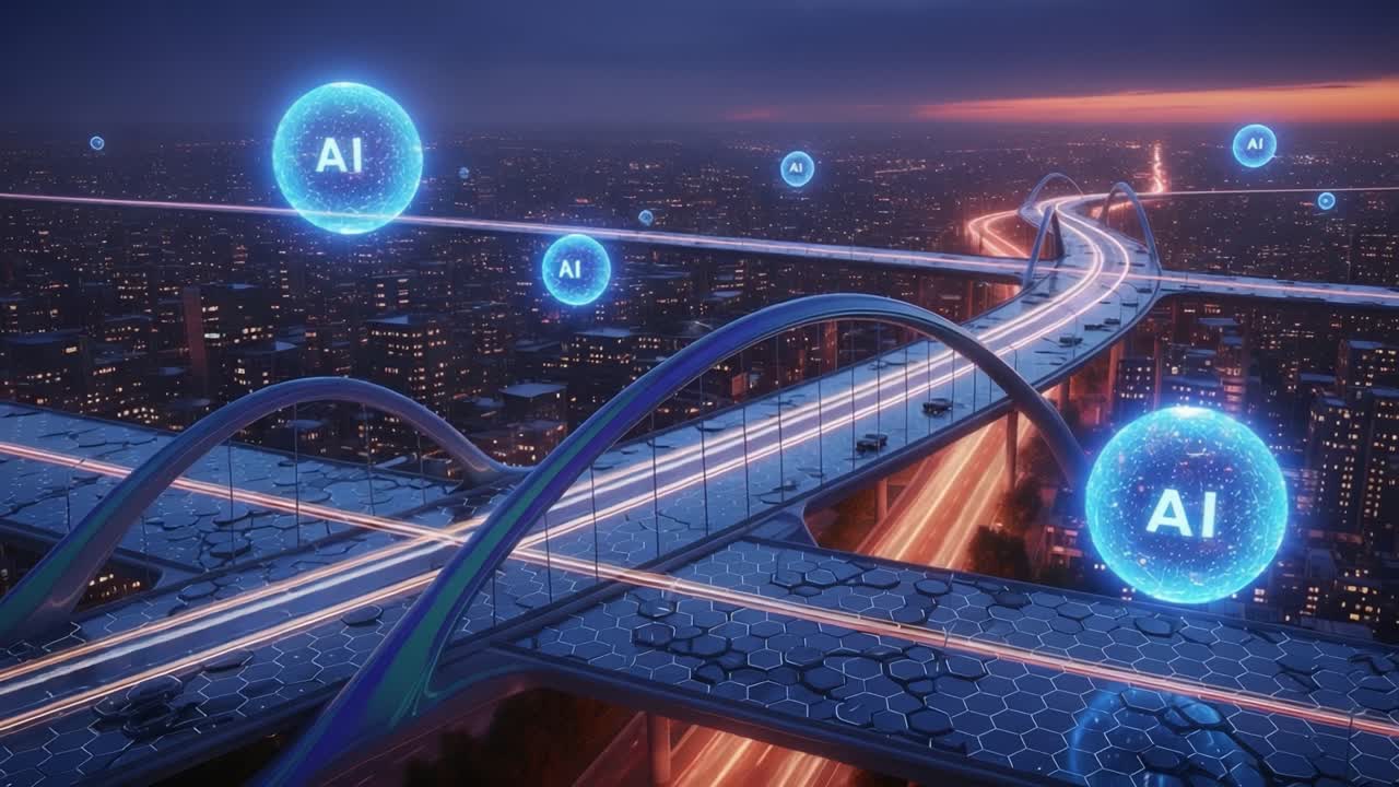 A Futuristic Cityscape Featuring an AI-Enhanced Bridge with Glowing Spheres Symbolizing Artificial Intelligence, Set Against a Dusk Skyline Filled with Bright City Lights