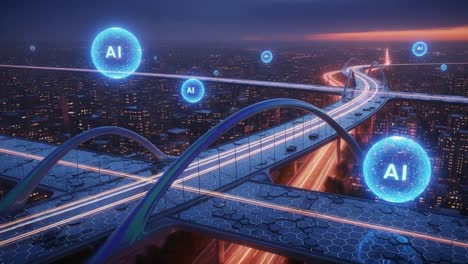 a futuristic cityscape featuring an ai-enhanced bridge with glowing spheres symbolizing artificial intelligence, set against a dusk skyline filled with bright city lights
