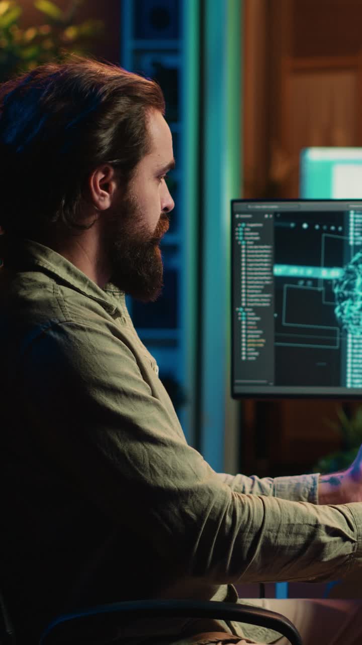 Man Programming Artificial Intelligence Software on Computer at Night