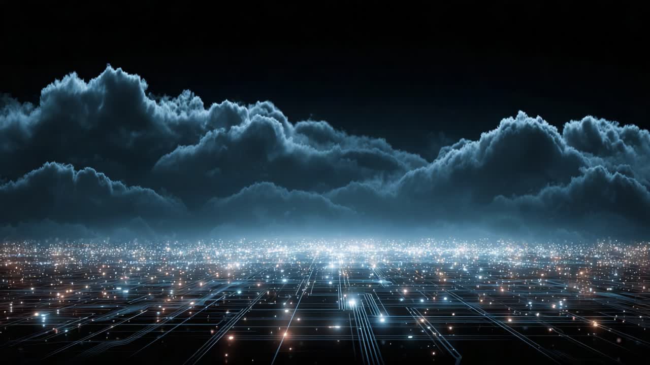 A mesmerizing view of a digital landscape filled with illuminated grids and clouds, showcasing the beauty of technology and nature intertwining in a futuristic setting
