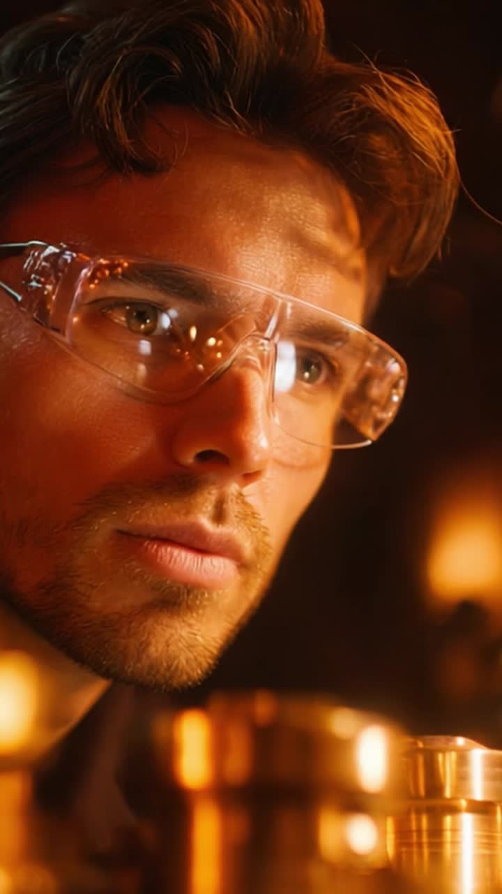 Intense Focus of a Craftsman in Safety Glasses Surrounded by Warm Light, Highlighting the Art of Metalworking and the Skill Behind Intricate Designs