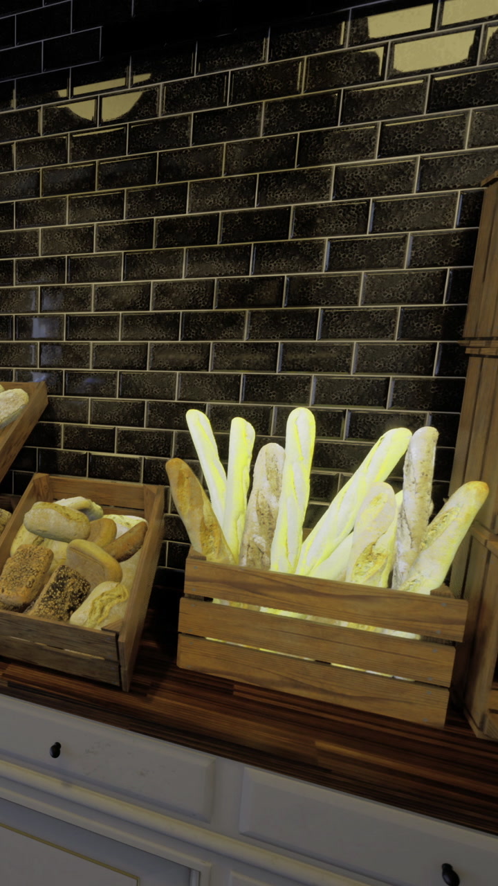 Fresh bread displayed in wooden crates at a bakery during the morning