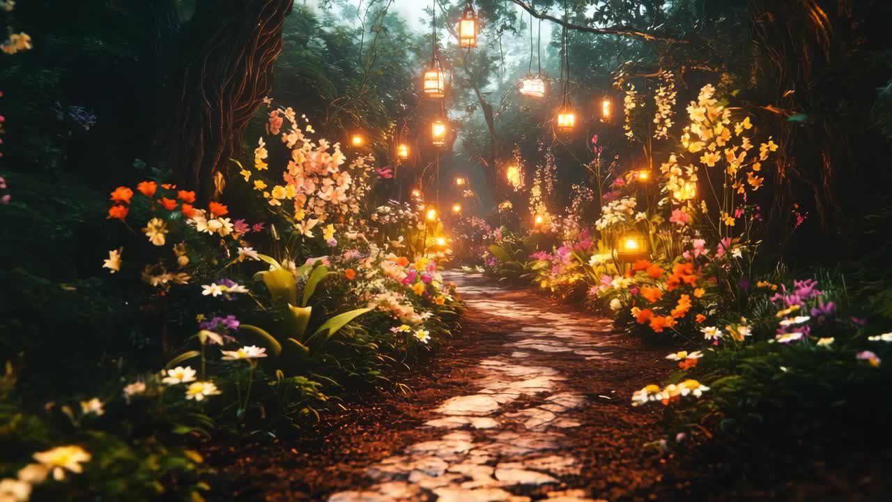 Enchanting forest path with glowing lanterns and vibrant flowers
