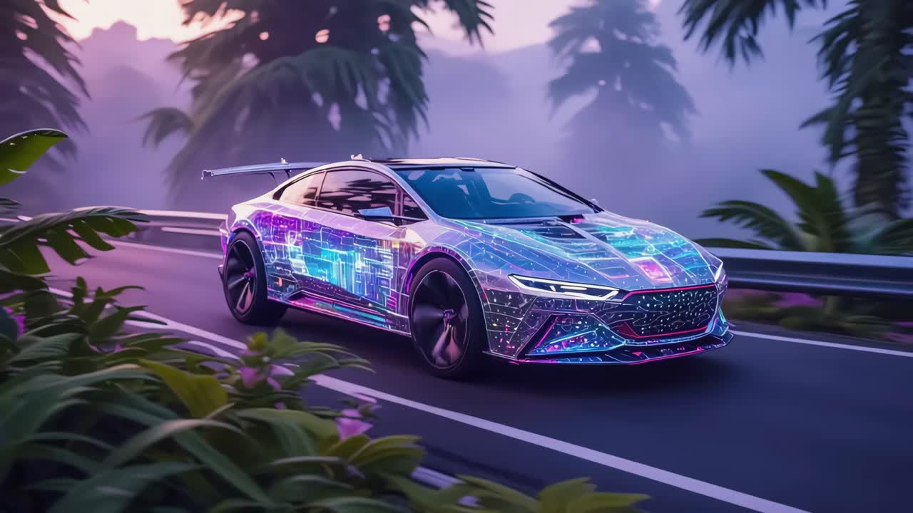 Futuristic Neon Car on a Misty Road