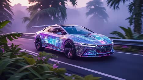 futuristic neon car on a misty road