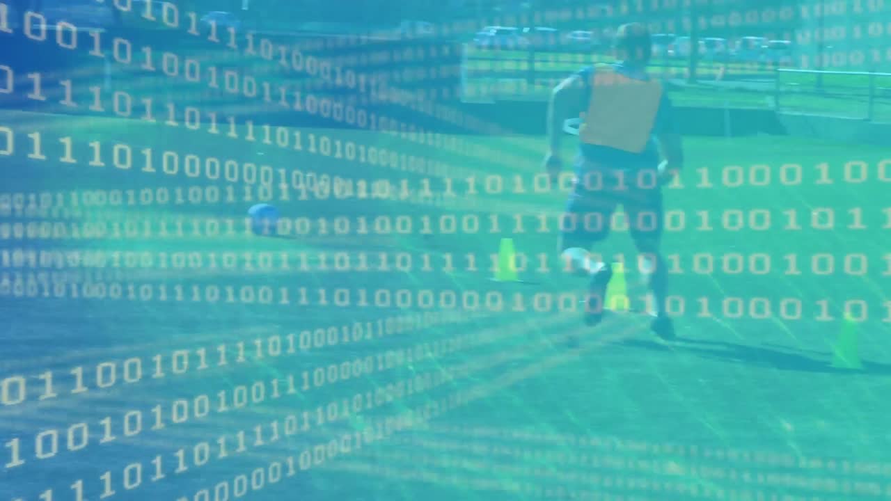 Animation of binary coding and data processing over football players