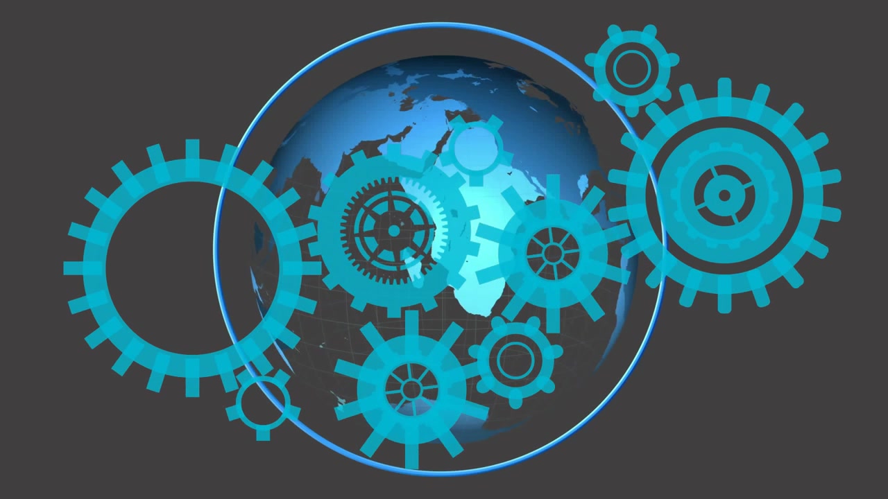 On start stylized globe rotating while cyan gears shifting and neon arc circling to loop