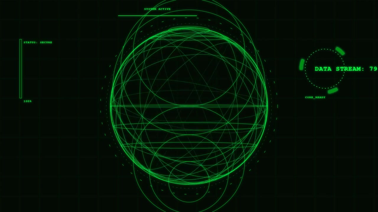 Digital HUD Interface with Rotating Green Geometric Sphere