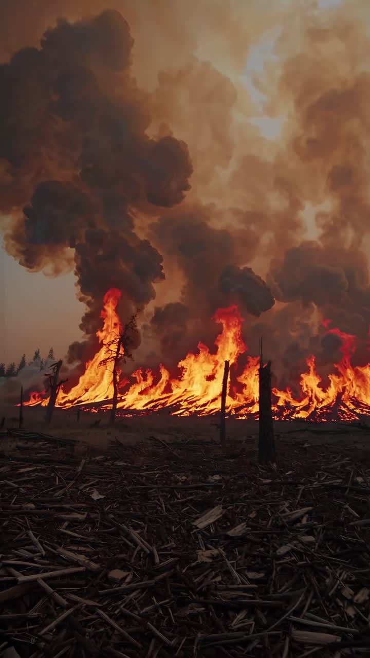 Un video drammatico dal basso mostra fiamme intense e fumo denso che si alzano da un incendio boschivo