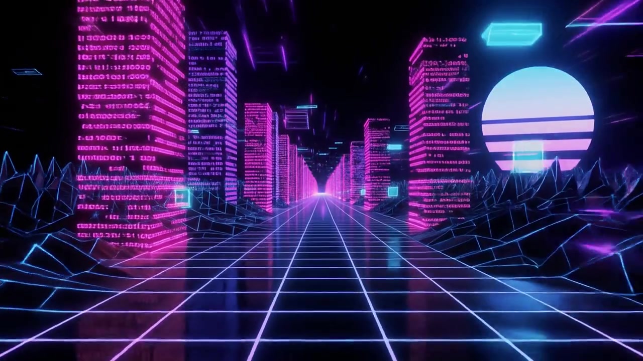 Paesaggio Urbano Cyberpunk Retro Wave con Griglia al Neon e Edifici Digitali