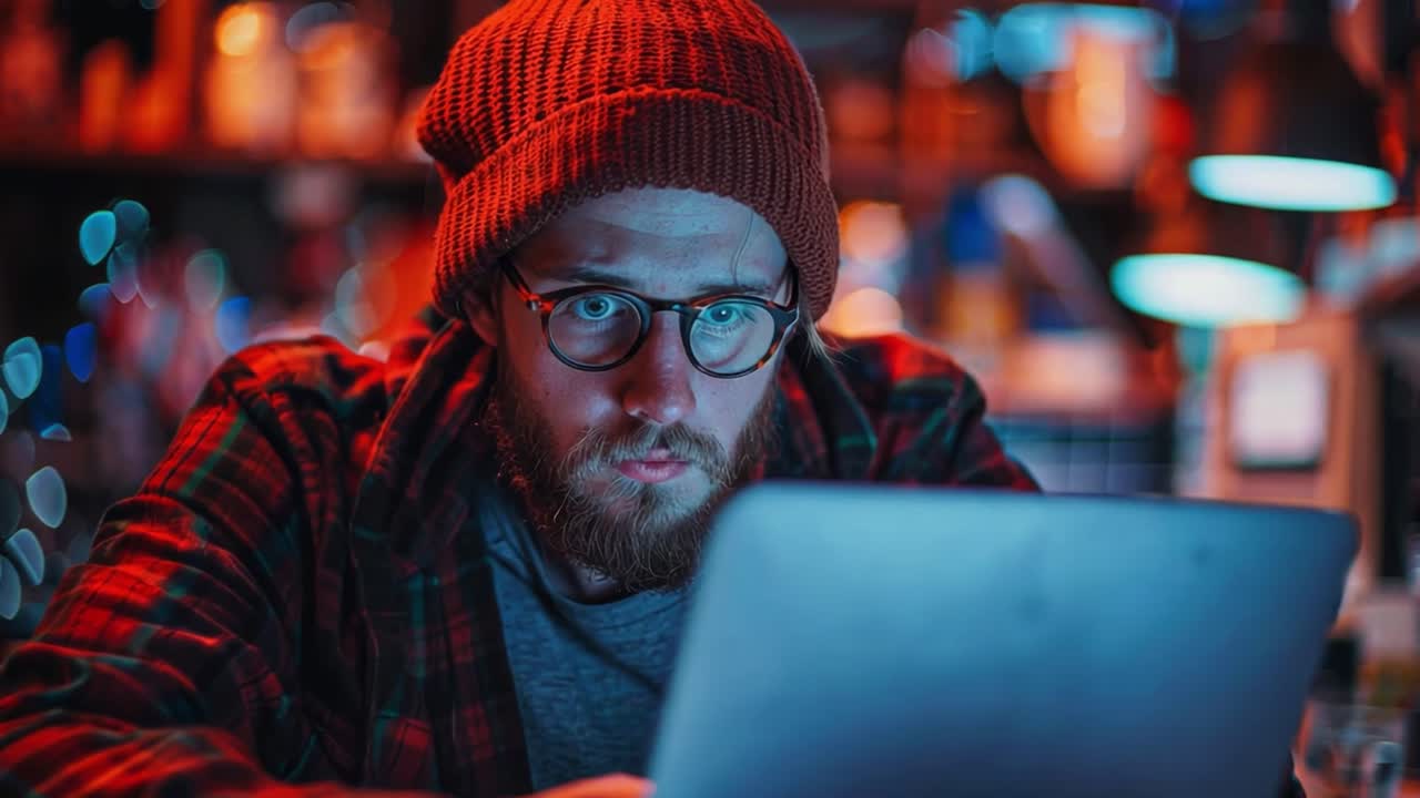 Man intently working on a laptop with a glowing screen