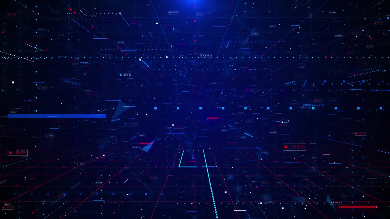 Blue red financial data space floating percentage labels dotted lines market grids futuristic