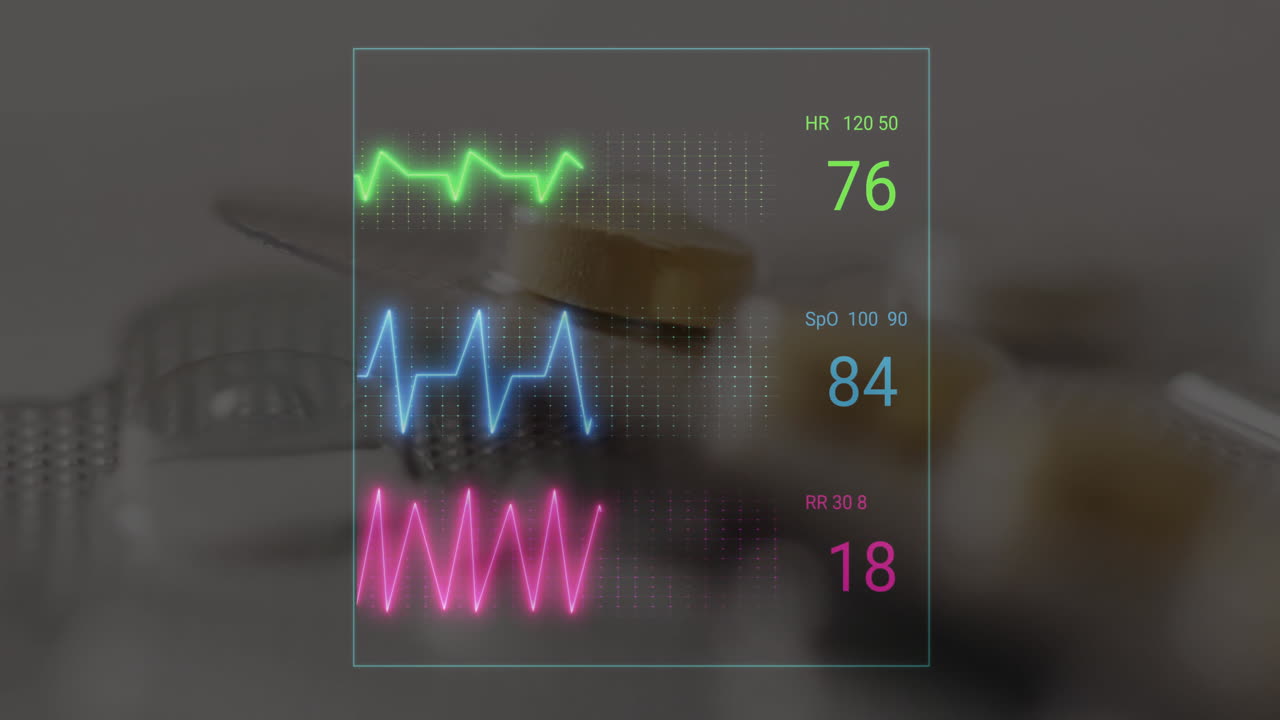 Animation of data processing and cardiograph over pills