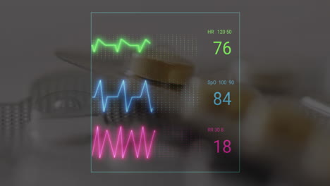 animation of data processing and cardiograph over pills