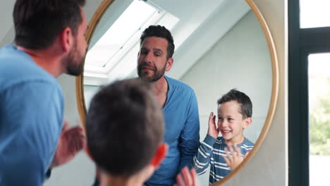 hair, bathroom mirror and a father