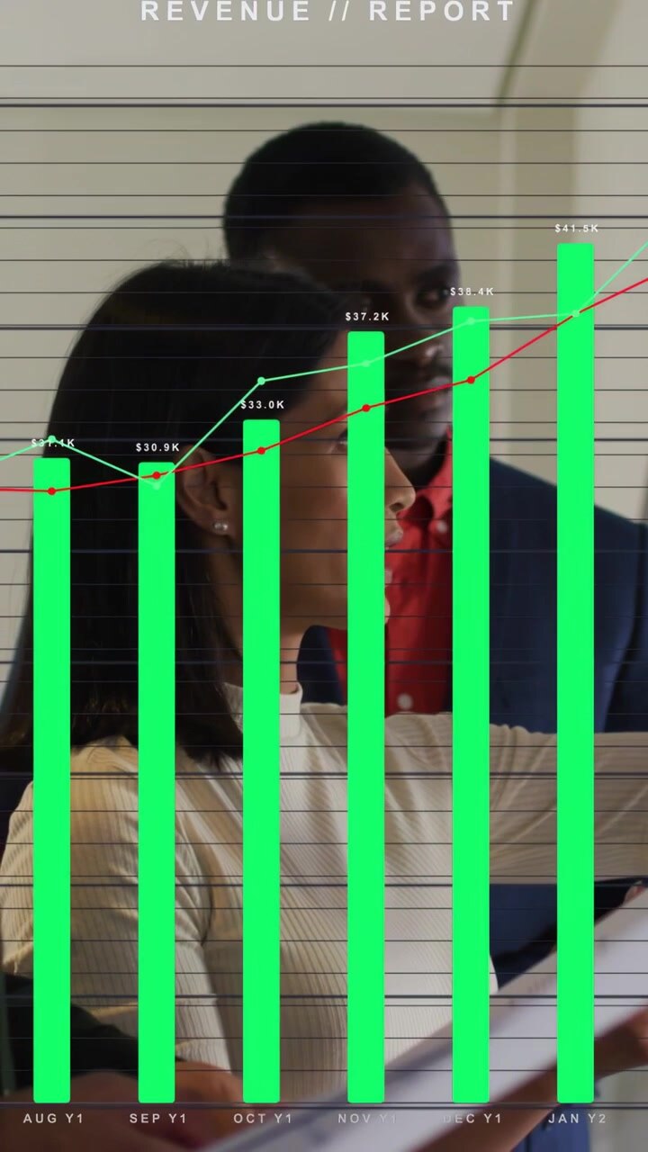Vertical video: Presenter pointing at glass causing line chart, green bars showing finance trends