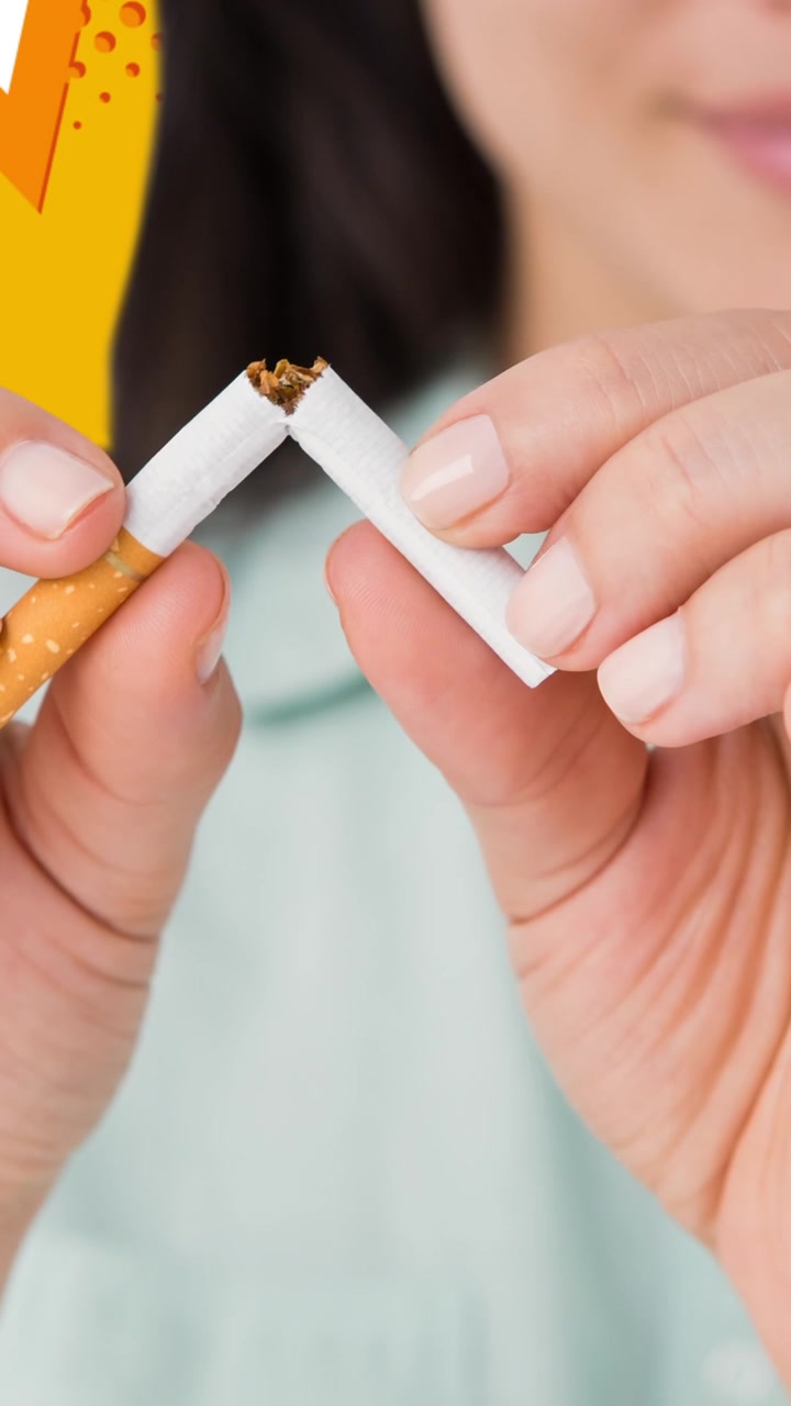 Animación de mujer caucásica rompiendo un cigarrillo sobre una burbuja de explosión retro en fondo blanco