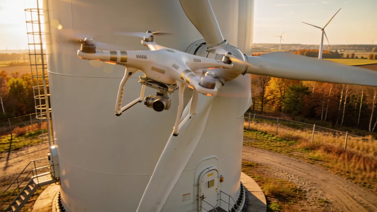 Video verticale: Pilota che avvia il controllo, drone che si avvicina al mozzo, librandosi, spostandosi, mappando la pala eolica.