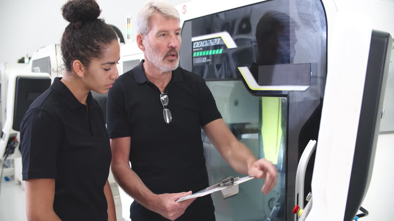 aprendizaje femenino trabajando con un ingeniero en máquinas cnc