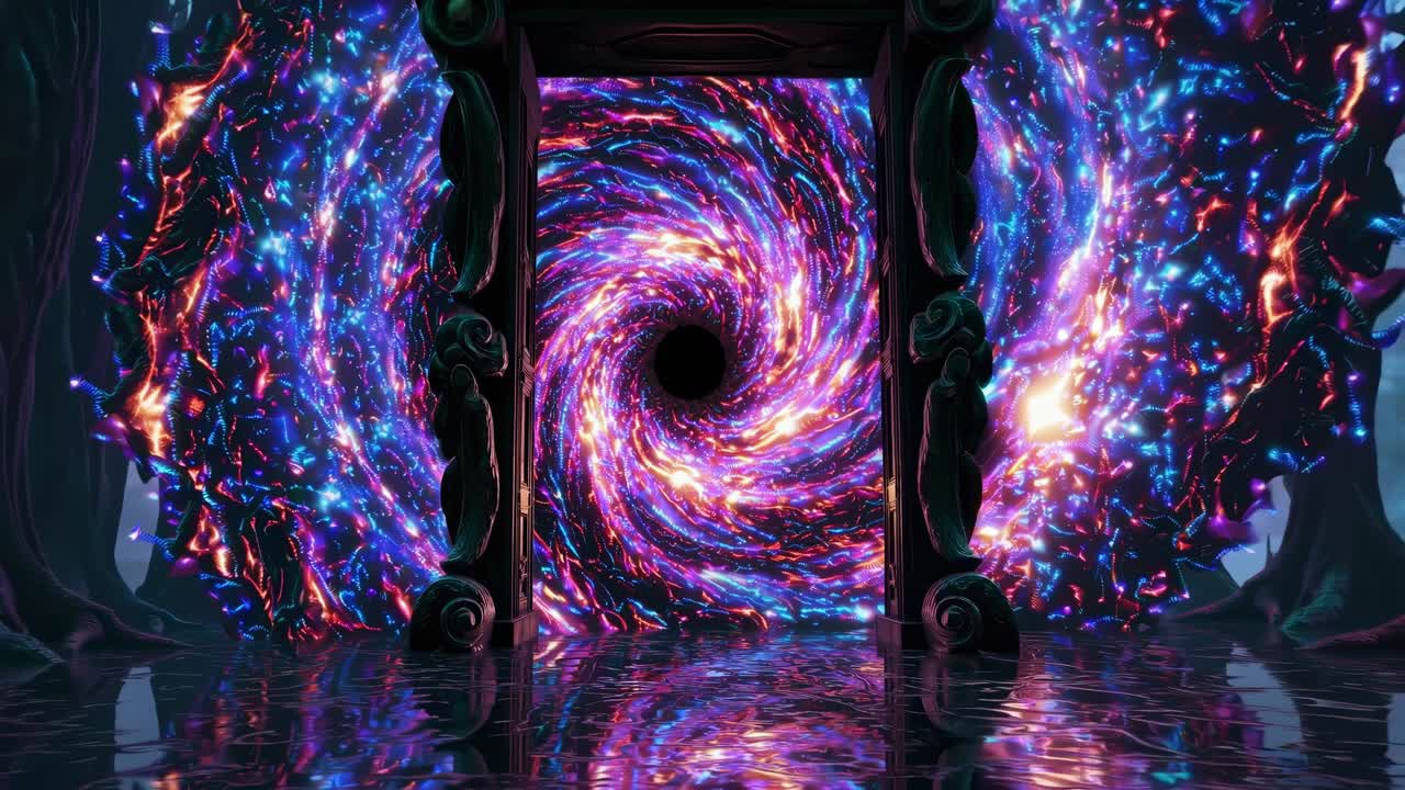 Glowing cosmic portal emerging from a wooden doorway, revealing a dark forest with luminous reflections across the shadowy ground, blending supernatural energy and imagination