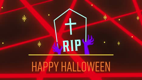 Animation-of-neon-halloween-greetings-text-with-gravestone-and-neon-pattern