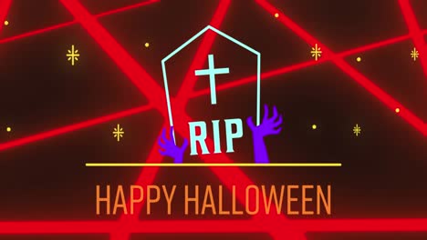 animation of neon halloween greetings text with gravestone and neon pattern