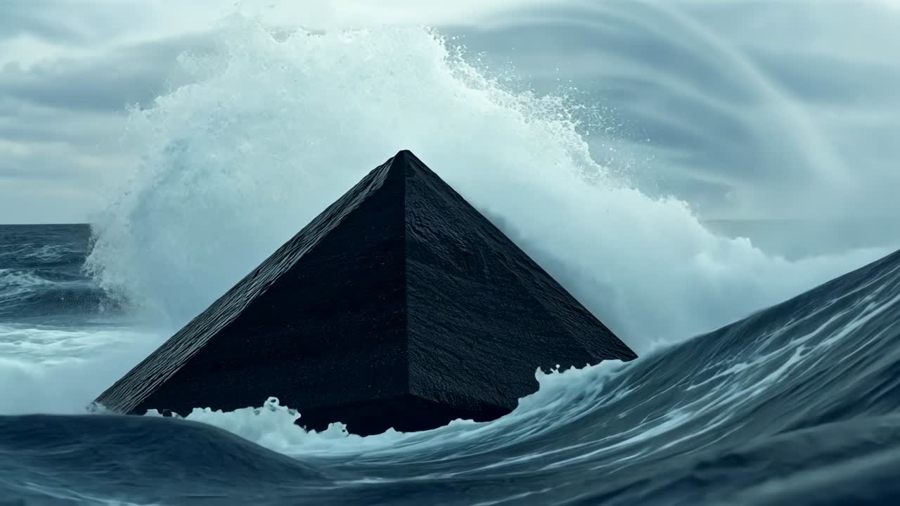 Building ocean swell driven by storm crashing into dark pyramid at sea, spraying foam