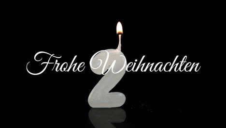 animation of frohe weihnachten christmas greetings text over lit 2 candle