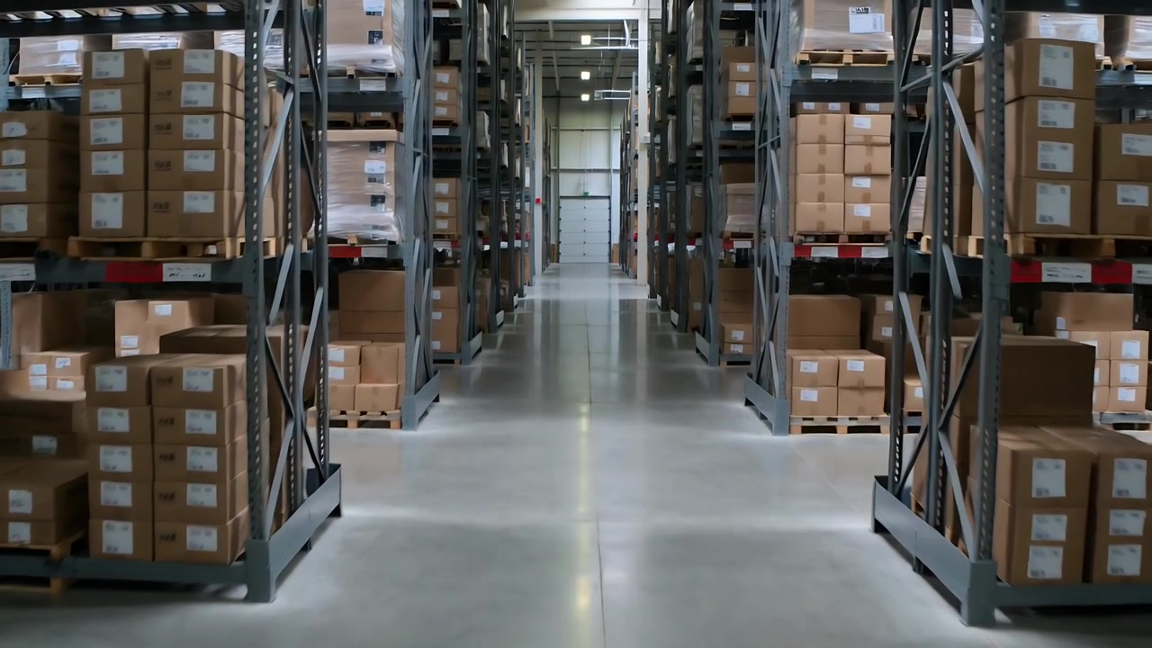 Telecamera che si muove in avanti lungo il corridoio centrale di un magazzino, rivelando scaffalature per pallet ed etichette.