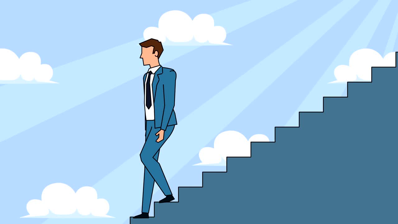 personaje de dibujos animados de hombre de negocios plano baja por la escalera de la carrera escaleras de concepto de animación