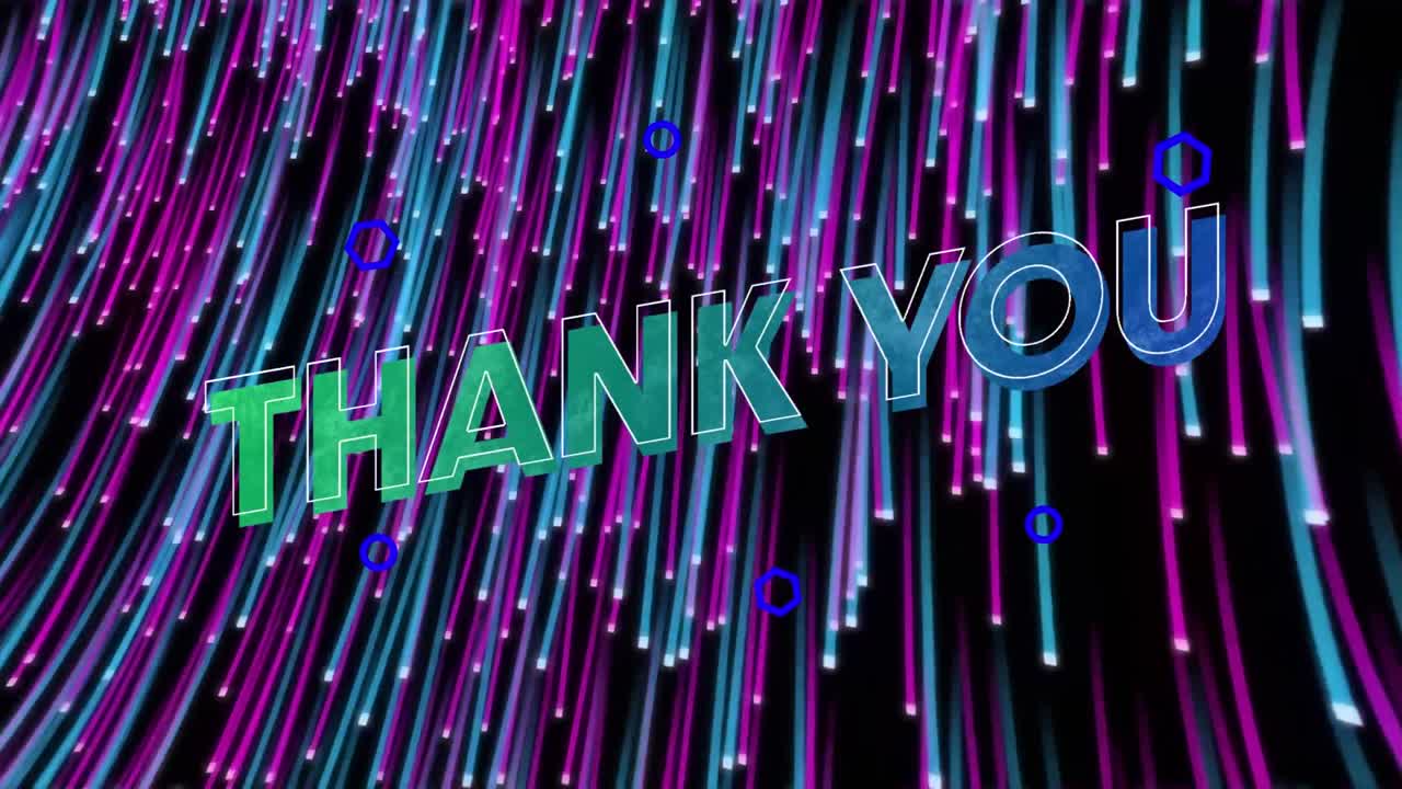 Animazione digitale del testo "grazie" su sfondo nero con scie di luce viola in movimento.